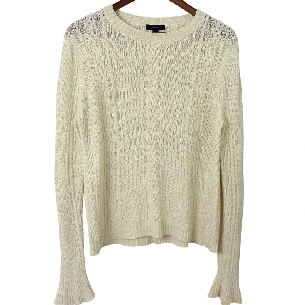 J. Crew Wool Sweater Fisherman Ivory Cable Knit Womens Size S Classic‎ Minimal